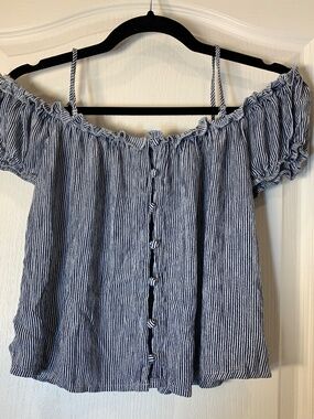 American Eagle Off-Shoulder Striped Peasant Top Blue White Boho Summer‎ Size S